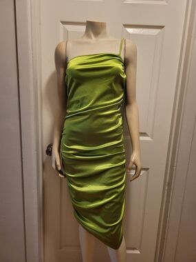 Forever 21 Lime Green One-Shoulder Satin Slip Dress
